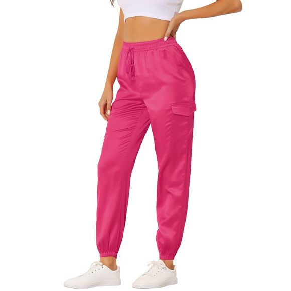 Satin Joggers Drawstring Elastic High Waist Silky Cargo Pants Rose Red - Picture 1 of 5